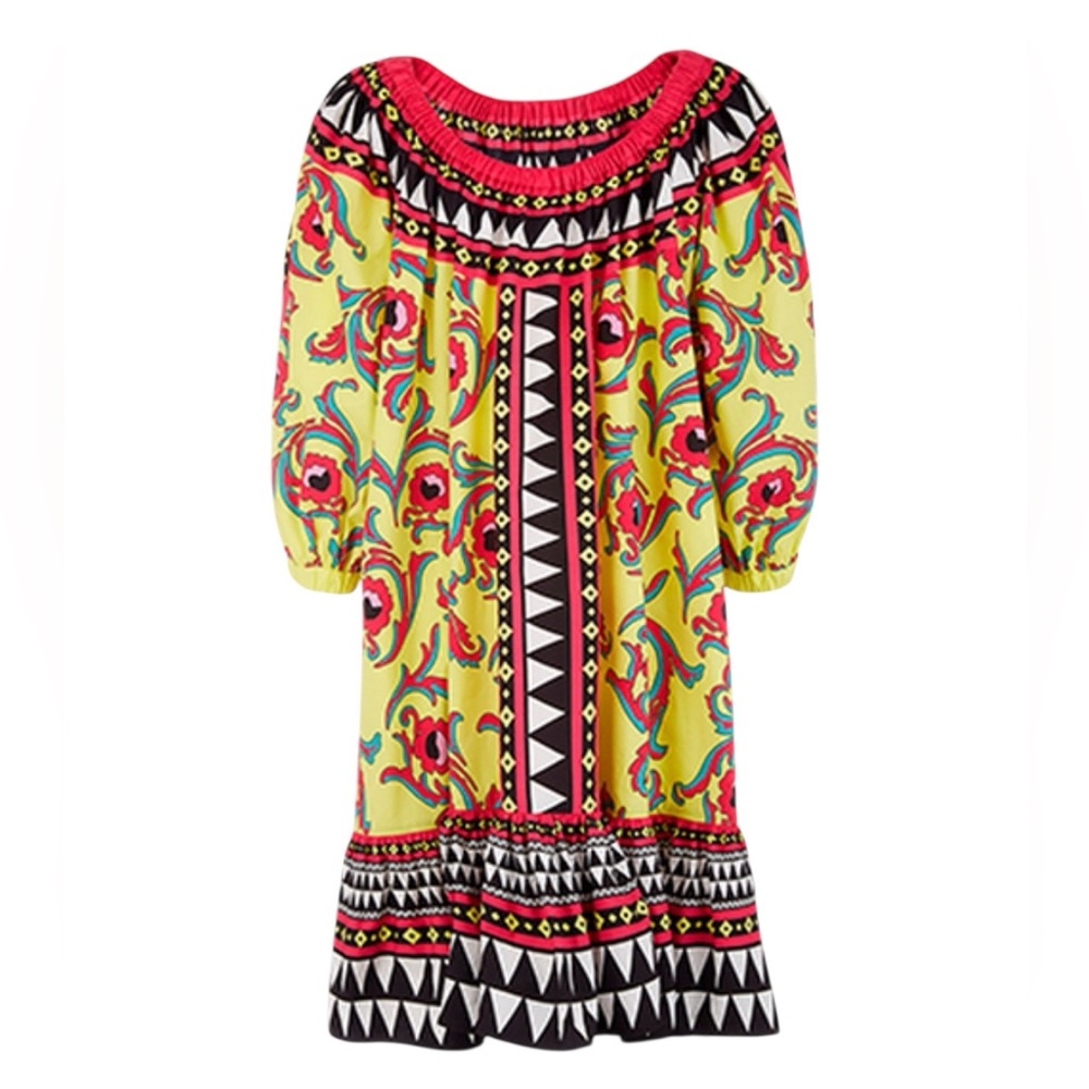 La DoubleJ Paloma short cotton trapeze dress in Cartwheel Giallo geometric print